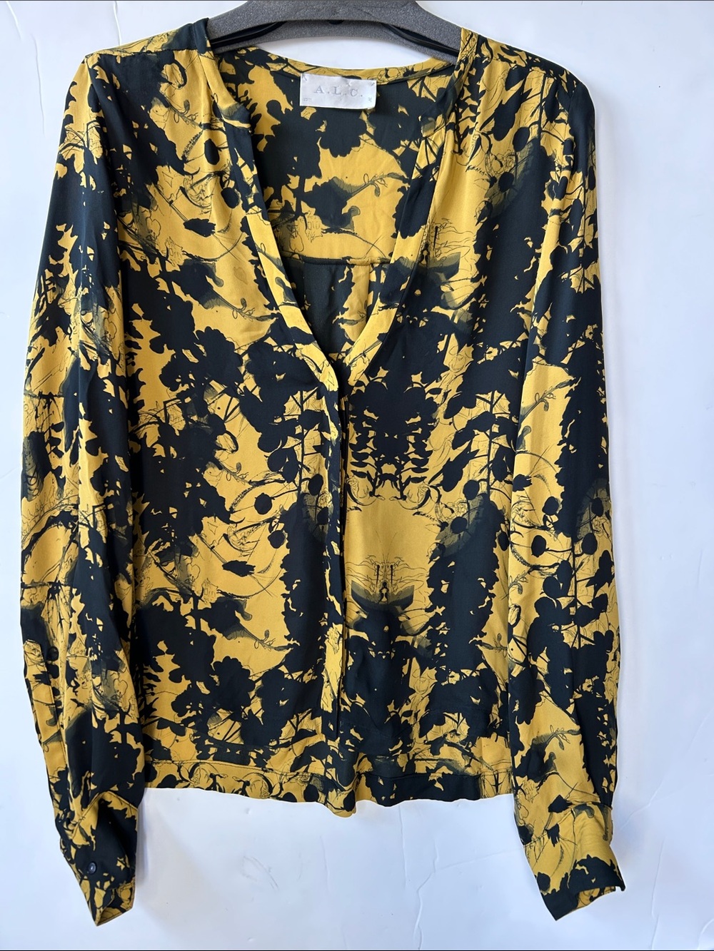 A.L.C. Yellow and Black Abstract Print V-Neck Blouse